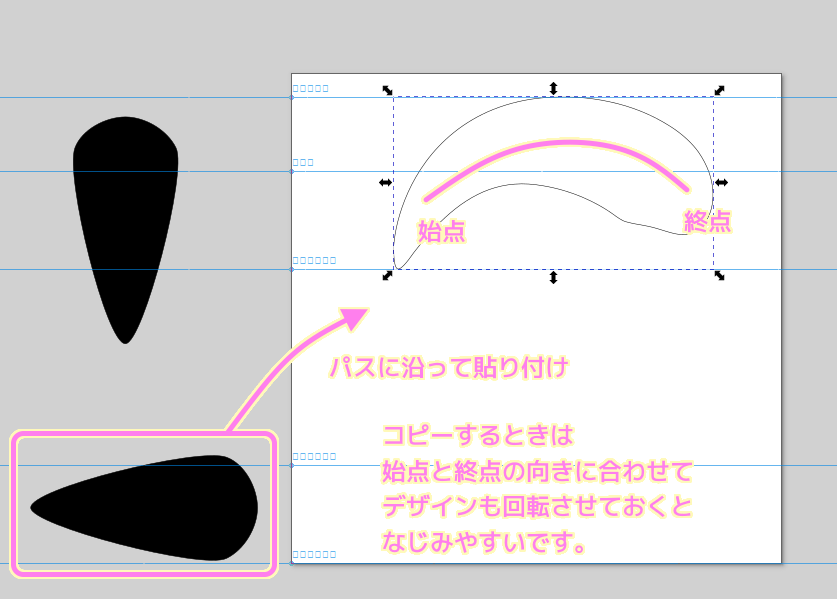 Inkscape 選択中のパスに追加されたパスエフェクト　パスに沿うパターンで貼り付けボタンを押してコピーしたデザインをそってはりつけます（結果2）.